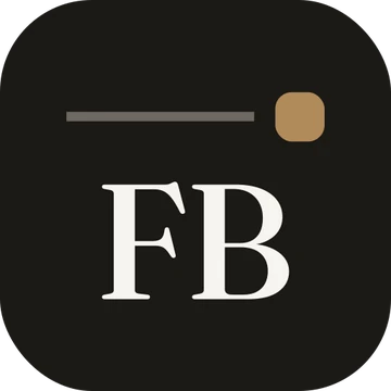 Ícone da app FastBook: quadrado de tinta com FB em papel, um traço e o quadrado caramelo