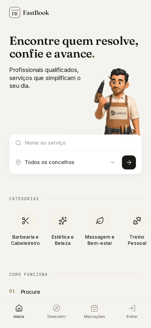 Página inicial no telemóvel: o título, a mascote e a pesquisa por nome, serviço e concelho