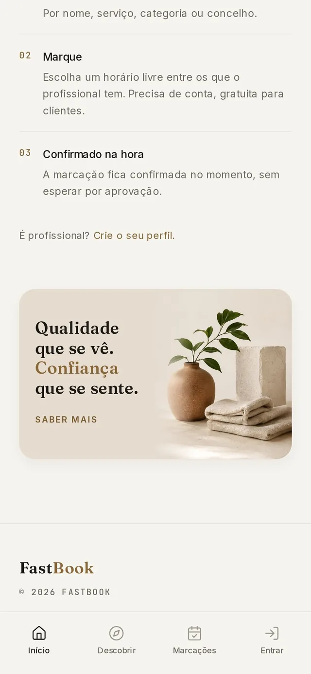 Página inicial no telemóvel: os três passos e o banner «Qualidade que se vê. Confiança que se sente.»