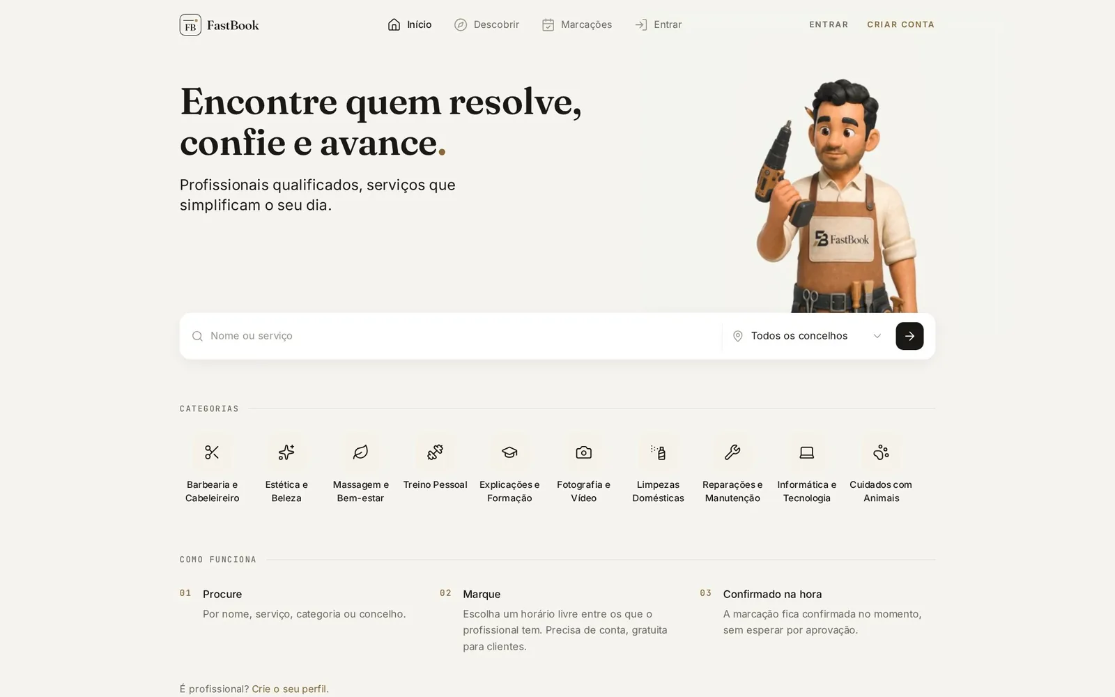 Página inicial do FastBook no computador: «Encontre quem resolve, confie e avance.», a mascote, a barra de pesquisa e as dez categorias