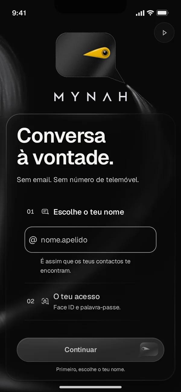 O cartão já pousado, com o nome MYNAH, o título, o campo do nome e o botão Continuar.