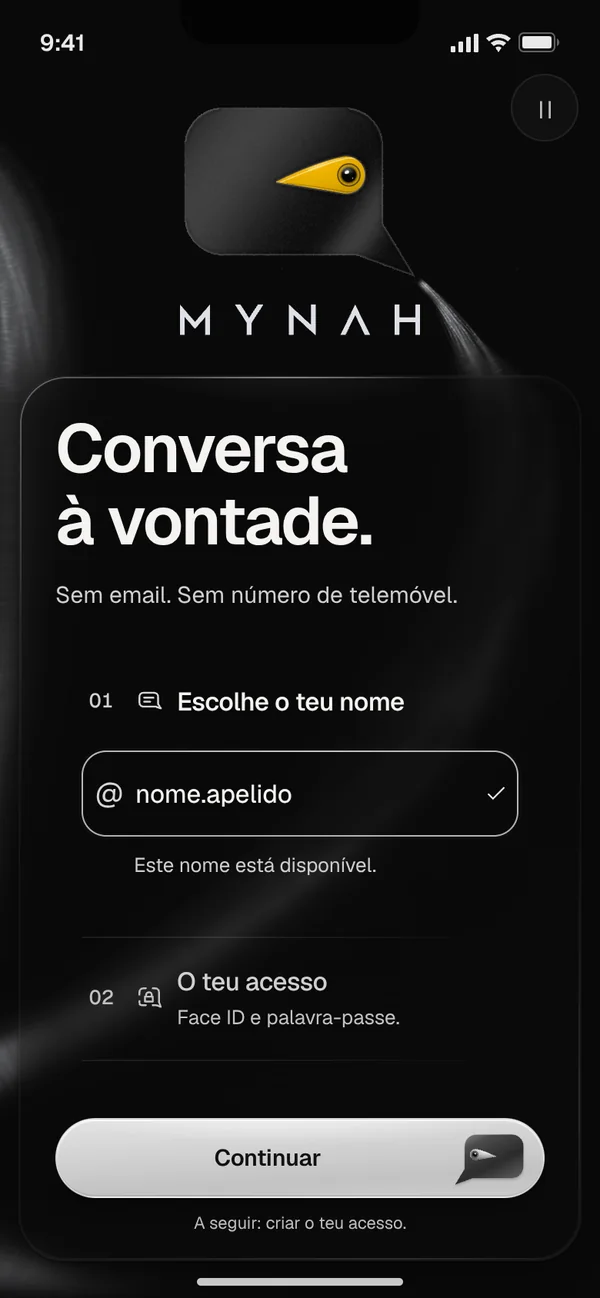 Primeiro passo do registo: «nome.apelido» escrito no campo e a resposta «Este nome está disponível.»