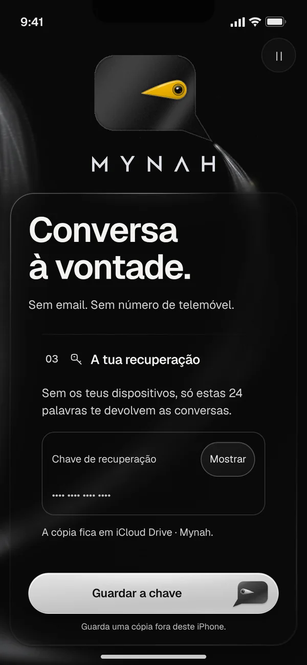 Terceiro passo: a chave de recuperação, escondida, e o botão «Guardar a chave».