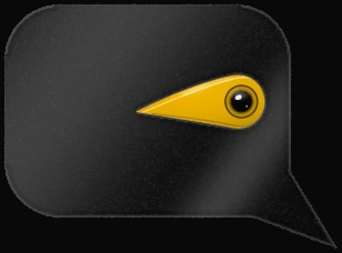 Símbolo da Mynah: um balão de conversa escuro, com o olho em açafrão