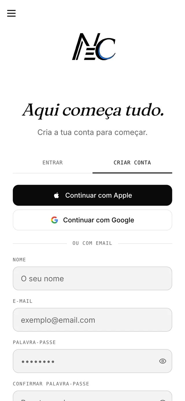 Criar conta no telemóvel, em modo claro: «Aqui começa tudo.»