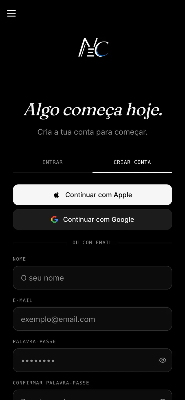 Criar conta no telemóvel, em modo escuro: «Algo começa hoje.»