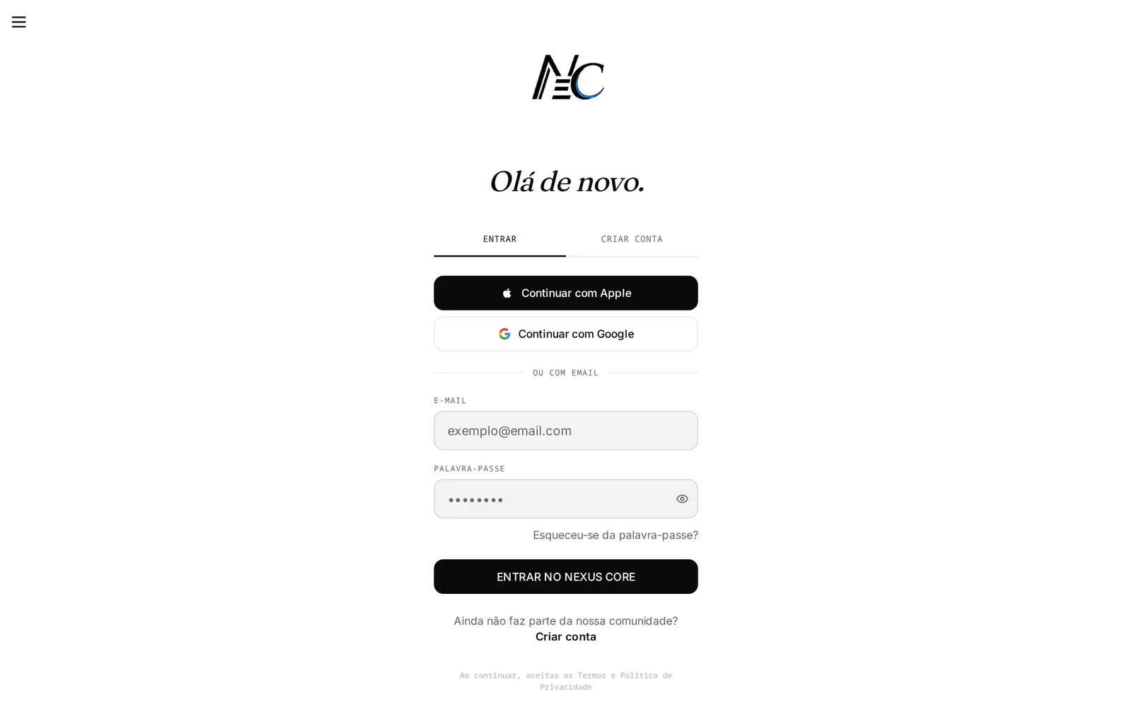 Entrada da Nexus Core no computador: o monograma NC, «Olá de novo.», os botões Apple e Google e o formulário de e-mail