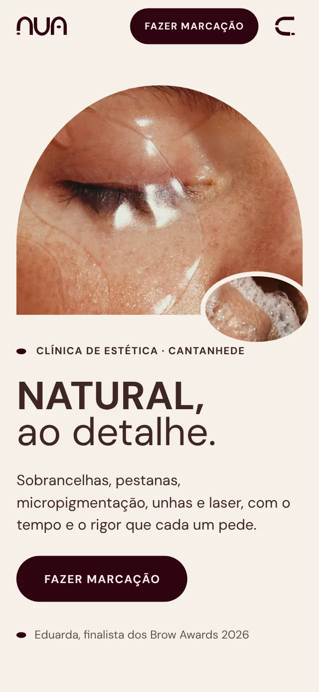 Site da NUA no telemóvel: a abertura, com «Natural, ao detalhe.» e o botão Fazer marcação
