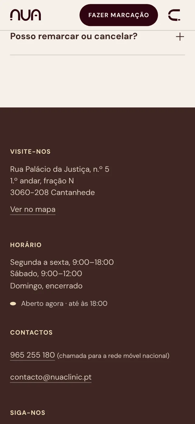Contactos no telemóvel: a morada, o horário e o aviso «Aberto agora · até às 18:00»