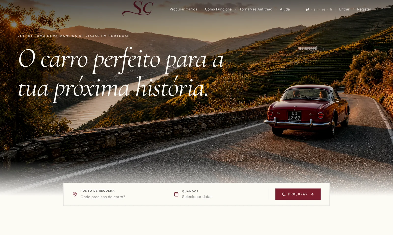 Página inicial da ShareMyCar: o monograma SC, o título «O carro perfeito para a tua próxima história.» sobre a imagem do Douro e a barra de pesquisa com «Onde precisas de carro?» e «Quando?»